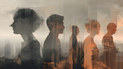 A surreal representation of memories, layered silhouettes fading into abstract strokes