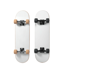 Two mini skateboards, white decks, black trucks, tan bushings