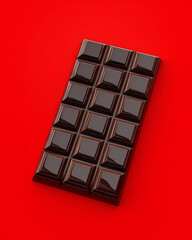 Delicious Dark Chocolate Bar on Red Backdrop Sweet Treat Still Life. Mock up promotion information for marketing announcements and details, blank white space.
