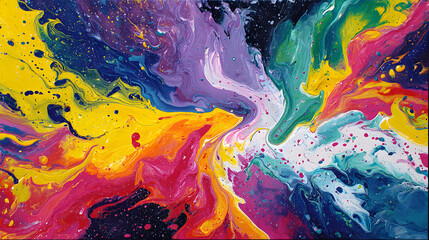 A vibrant abstract acrylic painting of exploding colors swirling like galaxies, fluid movement, bold contrasts