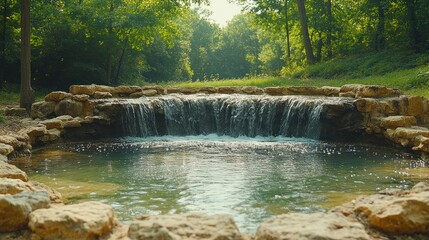 A Serene Waterfall Cascade in a Lush Green Forest Landscape Scene