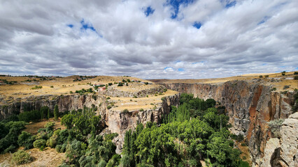 In Aksaray Turkey, a panoramic September view from above of Ihlara Valley, a renowned destination for its many earlier Christianity cave churches and natural beauties
