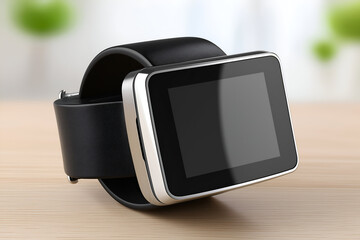Modern Square Smartwatch with Black Band on Wooden Surface. Mock up promotion information for marketing announcements and details, blank white space.