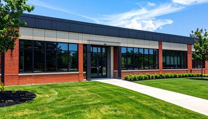 Modern brick school building with manicured lawn