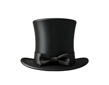 A sleek, black top hat with a matching leather bow, rendered in a minimalist style against a stark black background; smooth, cylindrical crown; wide brim