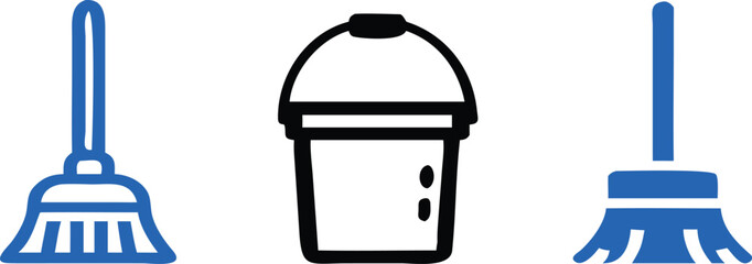 Professional cleaning tools set featuring a mop, bucket, and broom in a clean, modern graphic style, perfect for household chores, janitorial services, and hygiene campaigns.