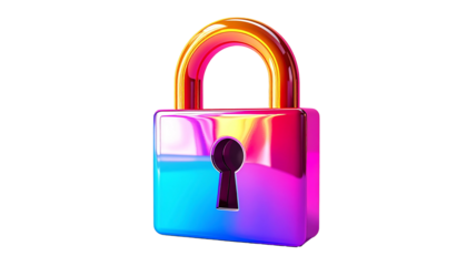 Vibrant, iridescent padlock with a glossy, metallic finish;  bright blue and pink gradient on body, gold top