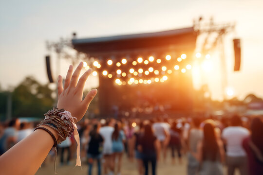 Raised Arm at Festival Crowd, Sunset Lighting, Happy Celebration. Mock up promotion information for marketing announcements and details, blank white space.