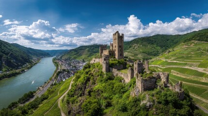 castle on top, vineyards and river in the background
