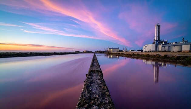 Cinematic industrial seascape of a coastal desalination outfall at dusk, smooth sheet of water and pale chemical sky conveying quiet infrastructure.