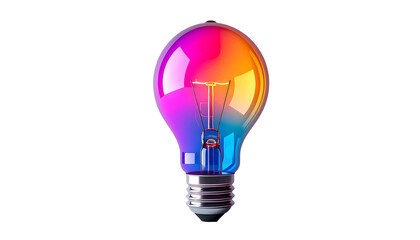 Fototapeta premium A vibrant, multicolored lightbulb glows with hues of pink, orange, yellow, and blue, radiating creativity and innovation against a stark black background. The bulb's metallic base is clearly visible