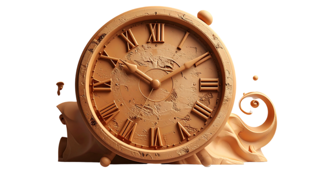 A textured, tan-colored clock with Roman numerals, appearing aged and distressed, is partially submerged in a swirling, abstract, clay-like substance