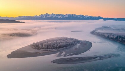 Cinematic valley photo of cold air inversion, treetops floating like islands above fog, pale amber morning light and serene scale for tranquil landscape feel.