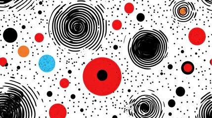 Bold geometric pattern featuring circles and spirals on white canvas