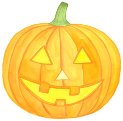 Watercolor carved pumpkin illustration on transparent background.