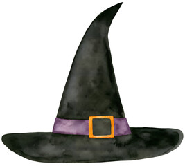 Watercolor witch hat with purple band on transparent background.