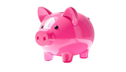 Shiny pink piggy bank, glossy finish, cartoonish style, three-dimensional, isolated on black background