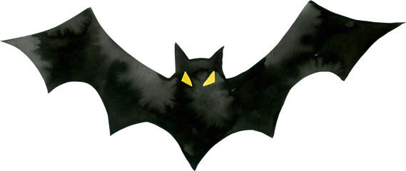 Watercolor bat with yellow eyes on transparent background.