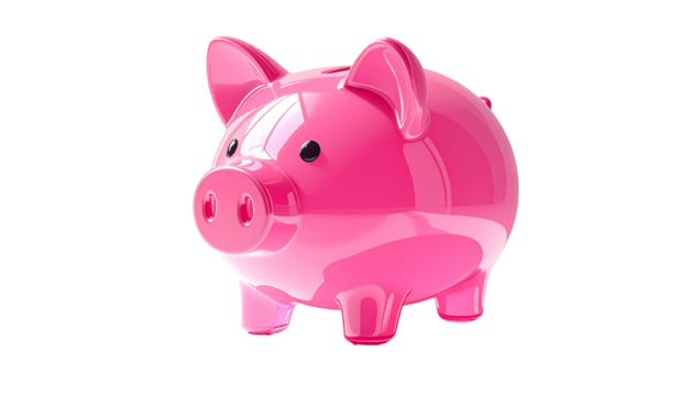 Shiny pink piggy bank, glossy finish, cartoonish style, three-dimensional, isolated on black background