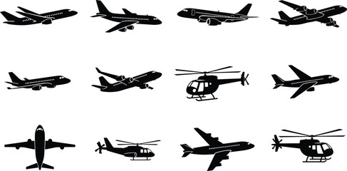 Aircraft silhouettes, airplanes, helicopters, aviation icons, commercial jets, rotorcraft, transport, flight, technology, aviation industry, travel, modern air transport © Akash's World