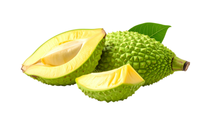 A halved and quartered young jackfruit displays creamy yellow flesh contrasted against its spiky green rind and accompanying leaves