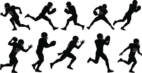 American football player silhouette set, dynamic poses, helmet action, sports motion, running, catching, throwing, athletic team game illustration