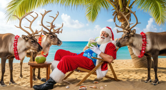 Santa and Reindeer lounges on tropical beach sipping coconut as lei-wearing beside a turquoise ocean in Christmas holidays