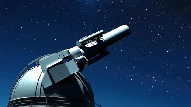 Massive earth-based space observatory silhouetted against a starry night sky, The silhouette of a massive earth-based space observatory satellite telescope scanning the night sky