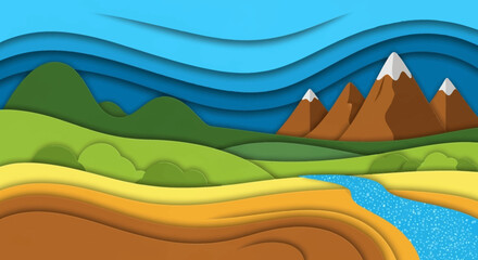 Vibrant paper cut landscape with mountains, hills, and a flowing river.