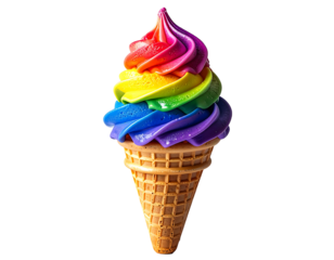 A vibrant rainbow-colored soft-serve ice cream cone with a waffle cone.  The swirls are distinct and bright, showing red, orange, yellow, green, blue, and purple