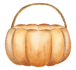 Watercolor pumpkin basket illustration on transparent background.