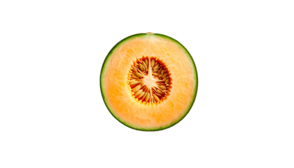 A perfectly halved cantaloupe, revealing its vibrant orange flesh, reddish-brown seeds, and a thin green rind against a stark black background