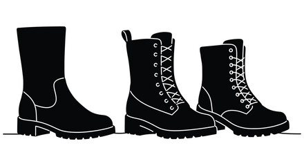 Three stylish boots displayed in a striking black and white silhouette
