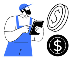 Worker holding tablet with focus on dollar coins representing payments, finances, or budgeting. Ideal for business, finance, payment systems, salary, money management, e-commerce savings simple