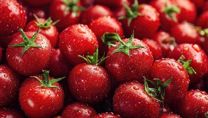 Close-up of many wet, red cherry tomatoes