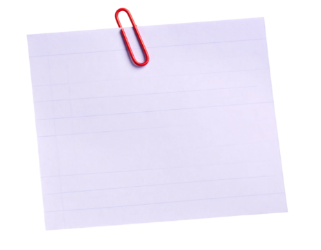 A blank, lined notepad with a red paperclip attached to the top.  The paper is slightly creased and has a subtle shadow
