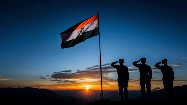 Silhouetted figures saluting the Indian flag at sunset, capturing a patriotic moment with vibrant colors and dramatic lighting.