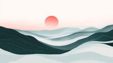 Minimalist Mountain Landscape with Rising Sun Illustration Artwork