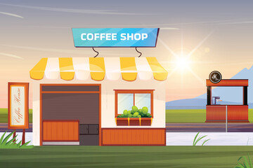 Illustration of a coffee shop with a sign and a drink machine