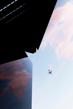 3D airplane reflection city office business tower