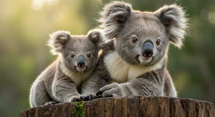 Fototapeta premium A mother koala bear and her joey rest on a weathered tree stump on a sunny day.