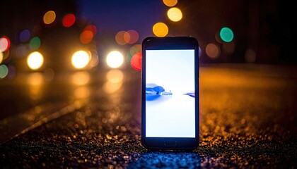 Illuminated Smartphone on Wet Urban Street at Night with Bokeh