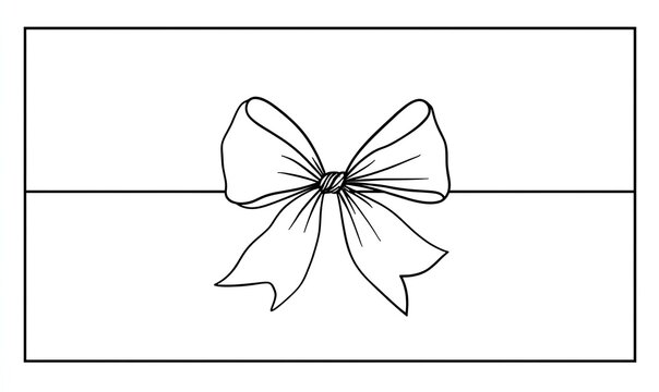 A simple black line drawing of a gift-wrapped rectangular package with a large bow