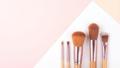 Makeup brushes in various sizes, arranged on a pink and white background