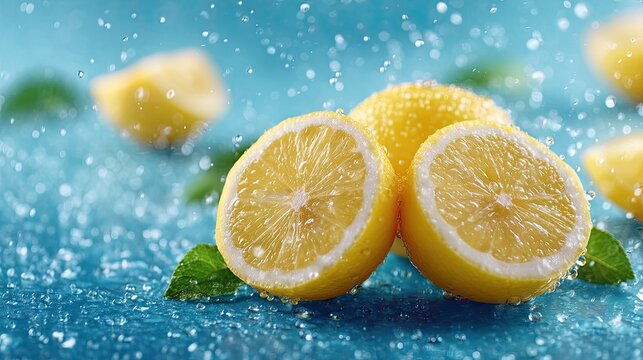 Bright Yellow Lemon Slices with Mint Leaves on Blue Background with Water Droplets