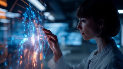A woman interacts with a glowing digital touchscreen with data visualizations, symbolizing analytics, AI, and technological advancement. - Powered by Adobe