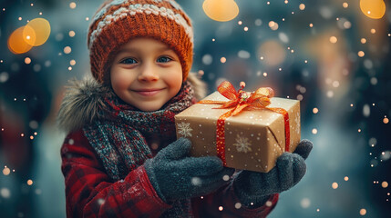 smiling volunteer handing Christmas gift to poor child, touching charity scene, glowing background