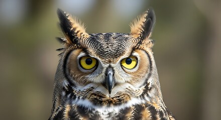 Close-up of a Great Horned Owl with piercing yellow eyes and prominent ear tufts.