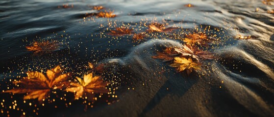 Fractal-patterned waves with floating autumn leaves and quantum dot particles emitting bioluminescent light, reflecting nebulae on wet sand