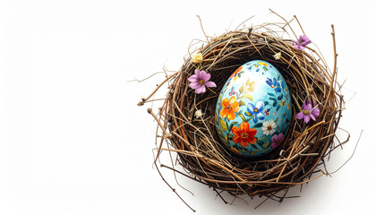 Obraz premium Hand painted Easter egg with colorful floral patterns sits in rustic bird nest decorated with small flowers, symbolizing spring celebration and creativity